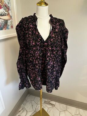 Free People Black Blouse with Pink Floral Print